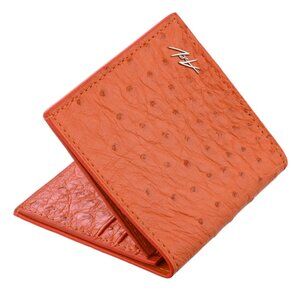 Handmade Ostrich Leather Slim Wallet – Bright Orange Luxury Minimalist Wallet